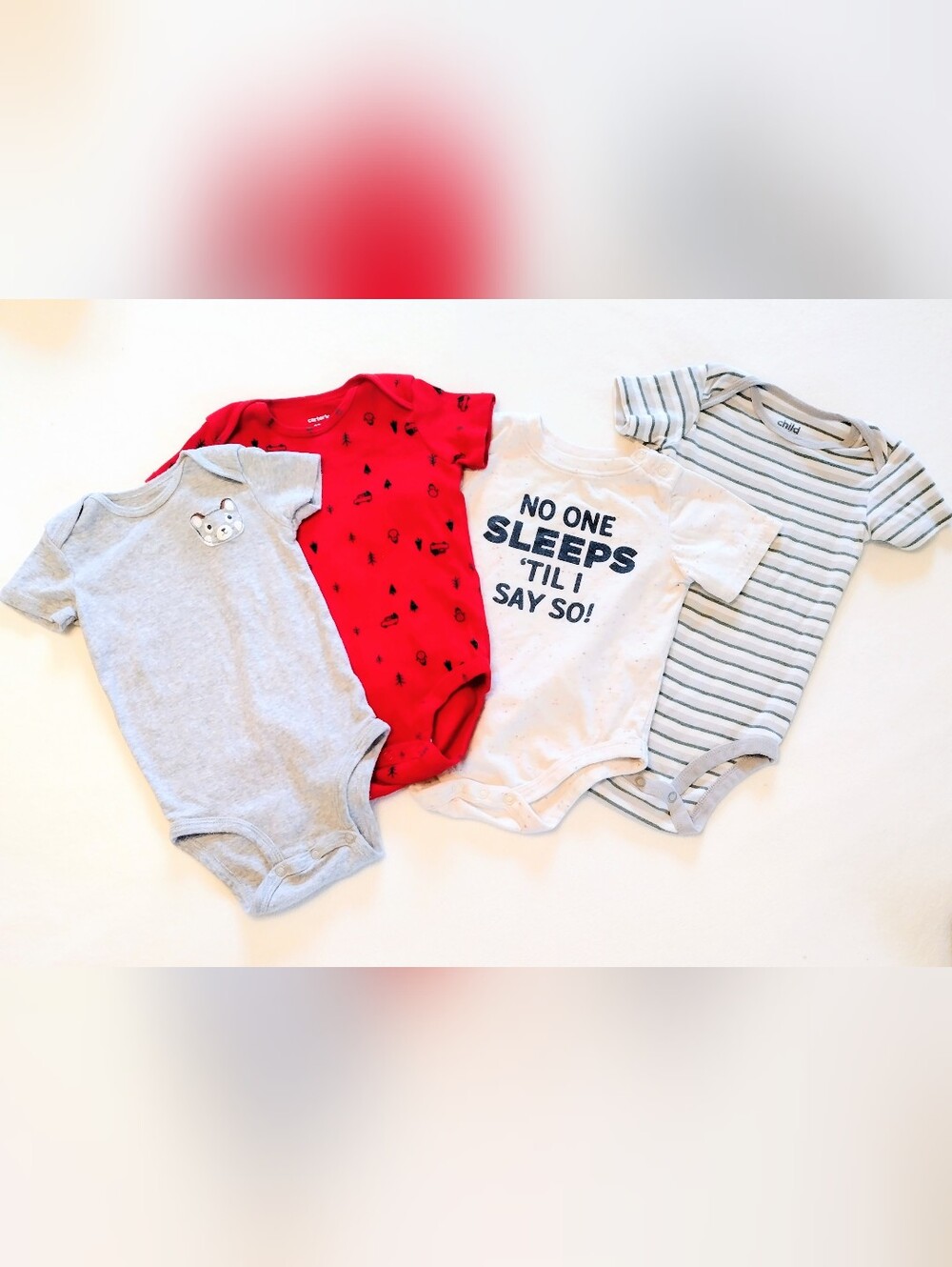 Kids Short-Sleeve Onesie Set - Red Christmas, Gray, White, Blue Stripes 12mo